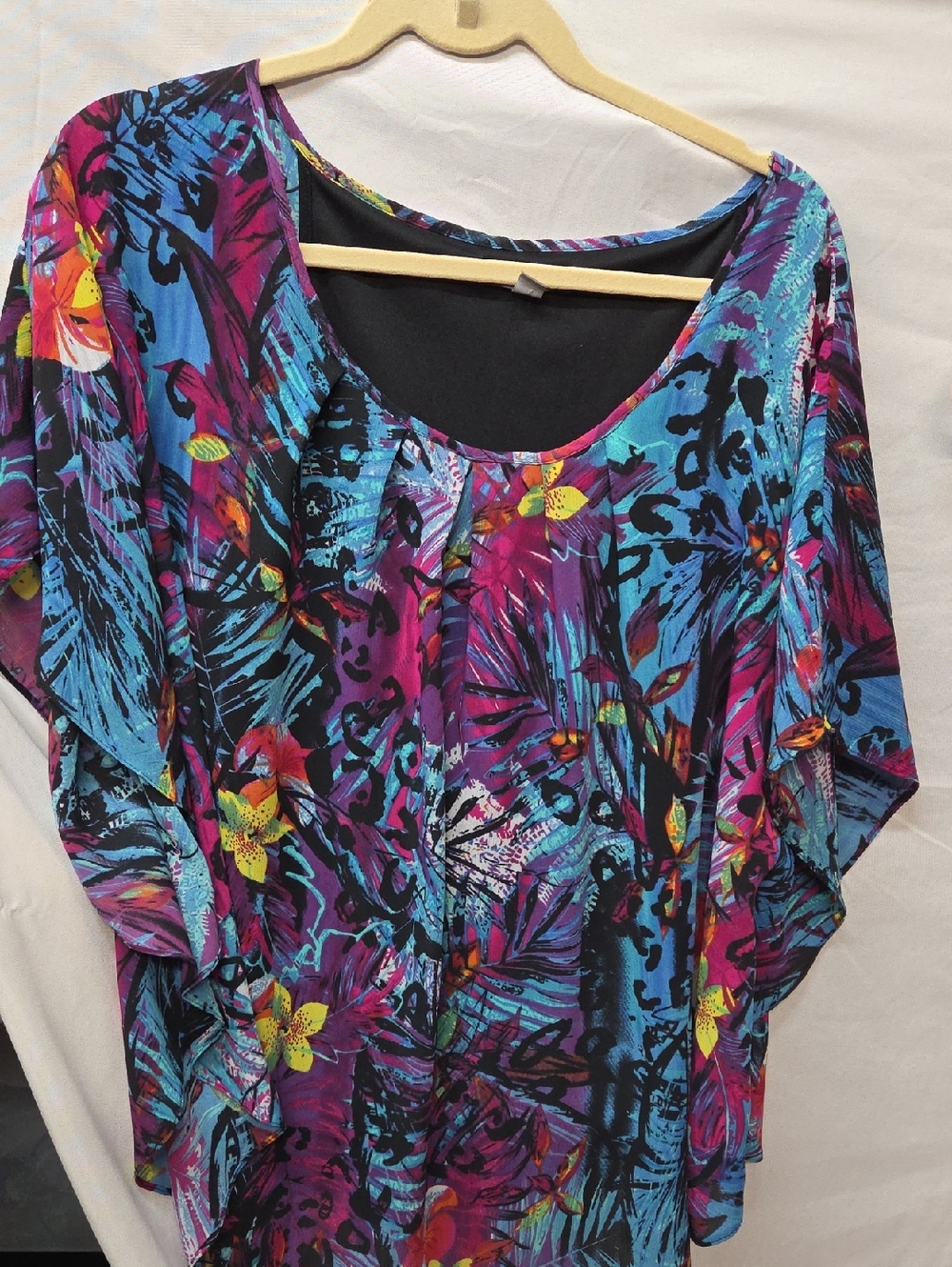 Roz & Ali Vibrant Floral Scoop Neck Tunic in Purple, Blue and Yellow 1X